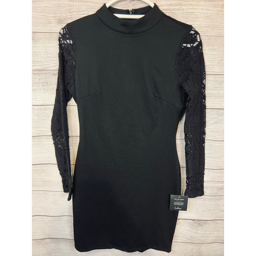Lulus Black Lace Sleeve Mock Neck Bodycon Mini Dress NWT Small Sexy Party